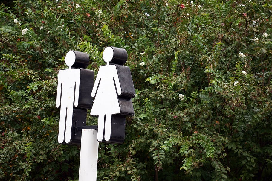 male, female, street sign, trees, restroom, sign, restroom sign, symbol, toilet, bathroom