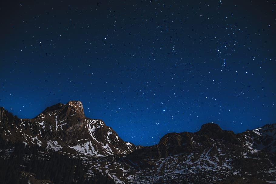 snow-covered, mountains, night, stars, sky, Snow, covered, at night, night with, nature