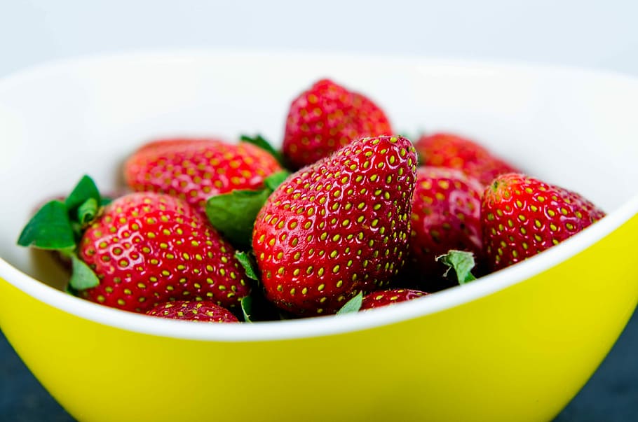 strawberry fruit, Strawberry, Yellow, Bowl, Strawberries, in yellow bowl, red fruit, fruit, healthy eating, berry fruit