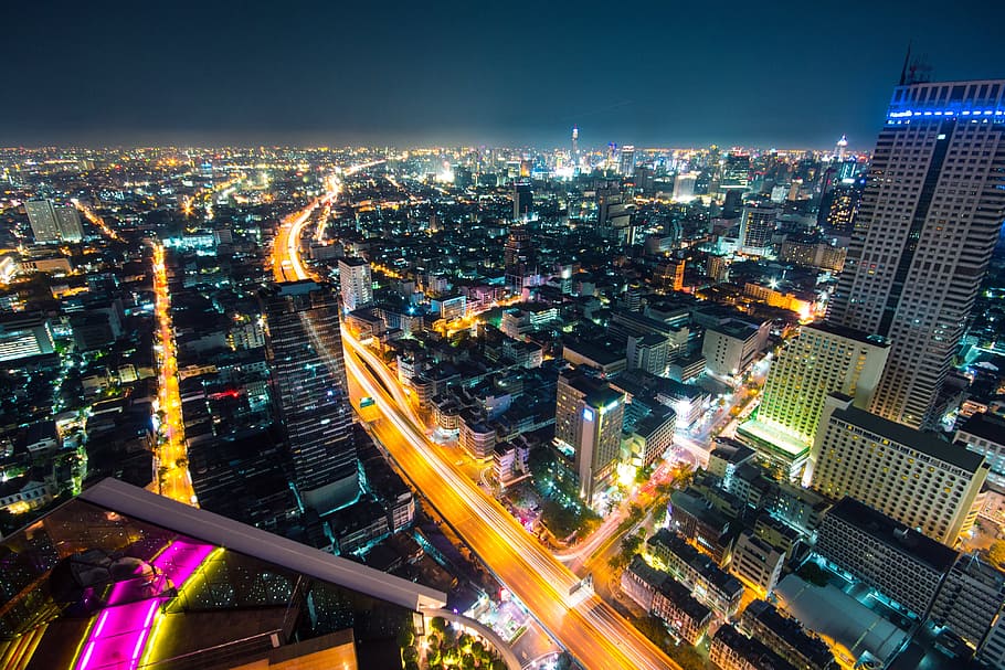 ciudad, Disparo nocturno, Bangkok, Tailandia, urbano, negocios, noche, viaje, paisaje urbano, tráfico