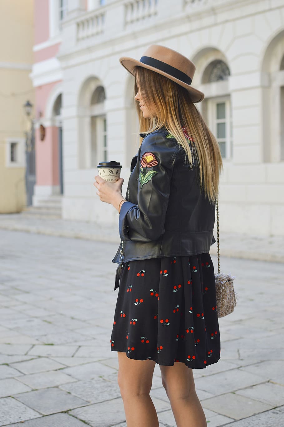 woman, wearing, black, leather jacket, cherry, print mini skirt, people, fashion, leather, jacket