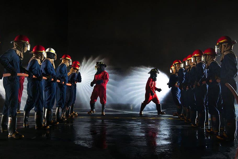 men, blue, red, overalls, forming, two, lines, firefighters, training, live
