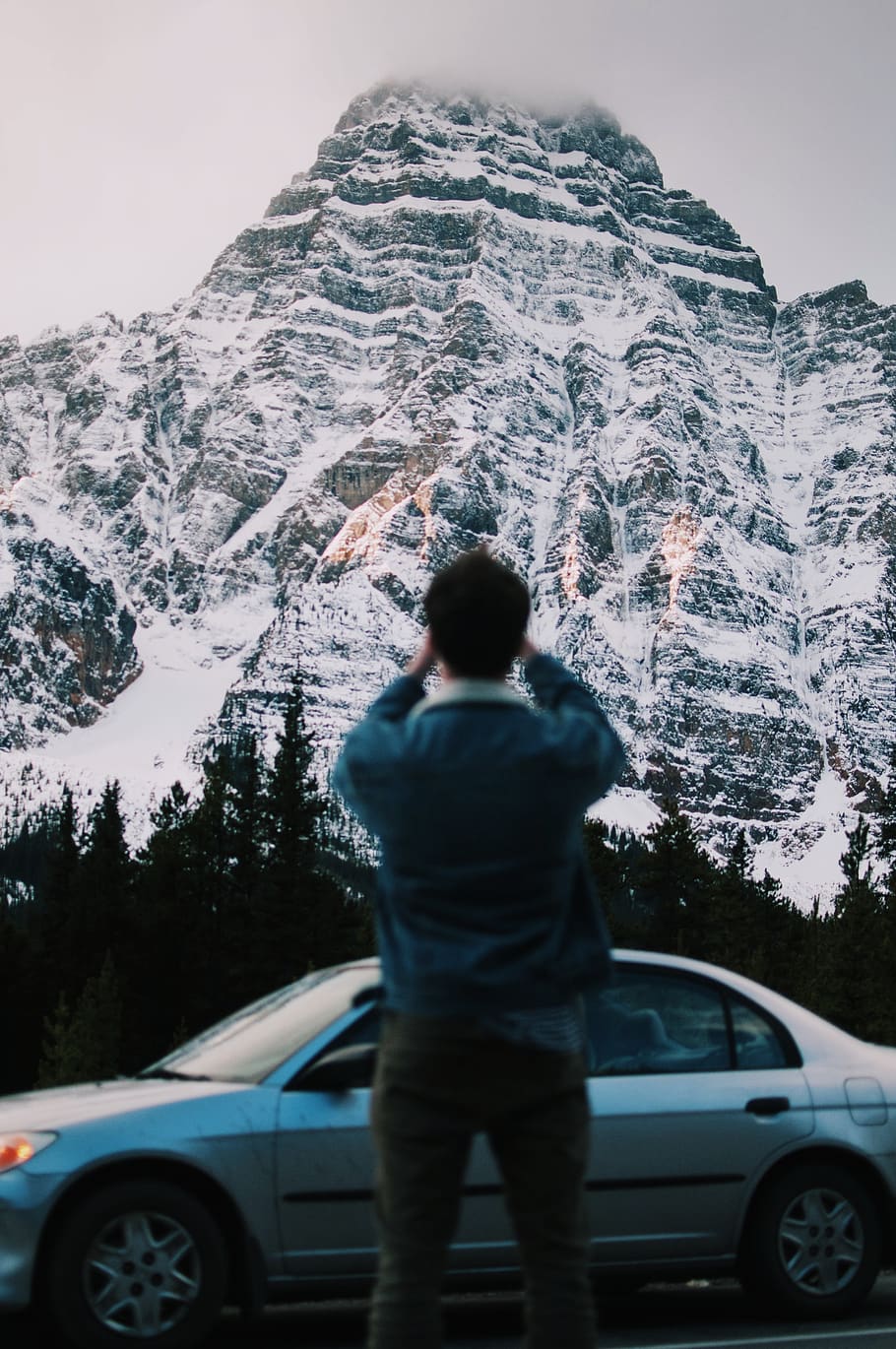 people, man, alone, guy, back, car, vehicle, travel, mountain, summit