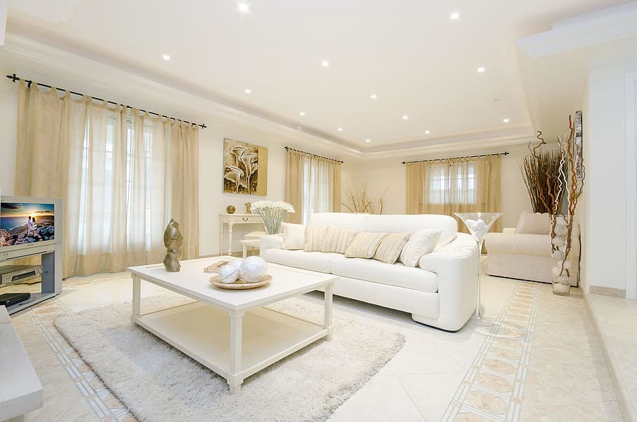 white, sofa, floor, front, coffee table, furniture, room, inside, inside the house, domestic room