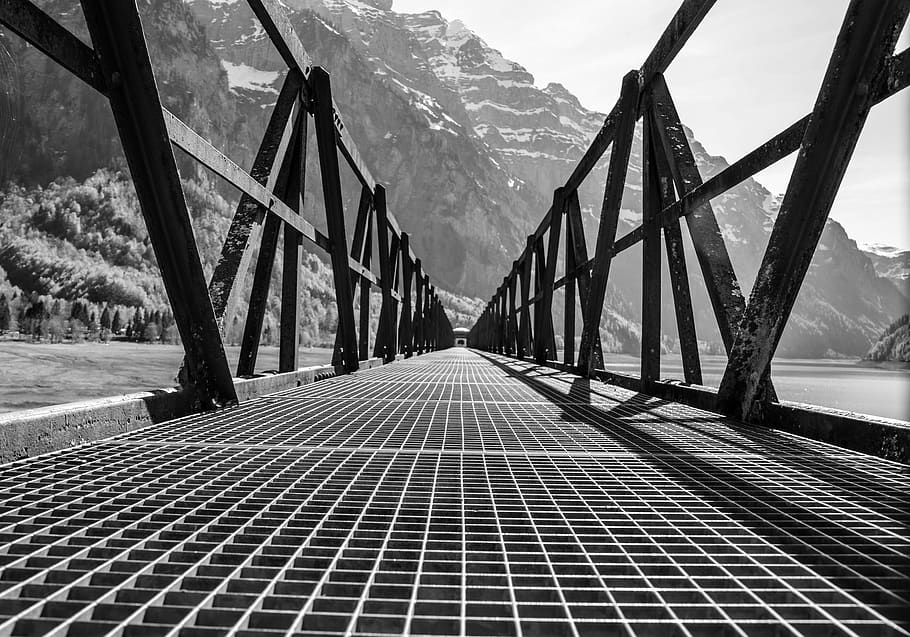 bridge, wood, grid, away, target, web, architecture, railing, mountains, klöntal