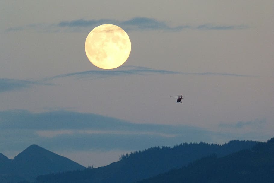 helicopter, horizon, full moon, moon, super moon, huge, cloud plume, twilight, color nuances, mountains