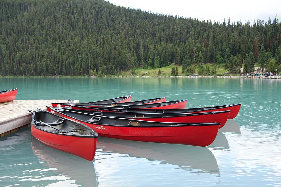 colorful boats, lake louise, canadian rockies, canada, canadian, water, travel, lake, alberta, scenic