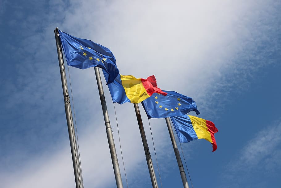 romênia, eu, bandeiras, europa, bandeira, união europeia bandeira, europeu, vibração, céu, patriotismo