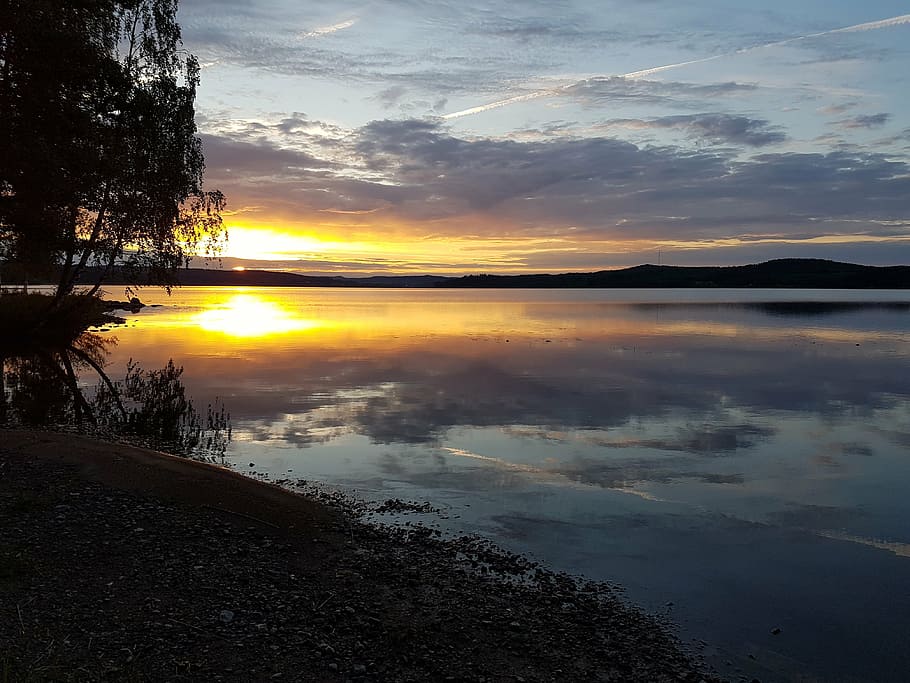 lake, sunset, ro, water edge, silence, summer, evening sun, sweden, mirror image, reflection
