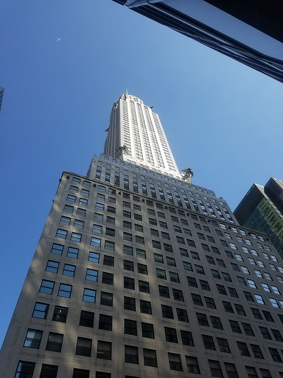 office, architecture, city, skyscraper, building, chrysler building, building exterior, built structure, low angle view, sky