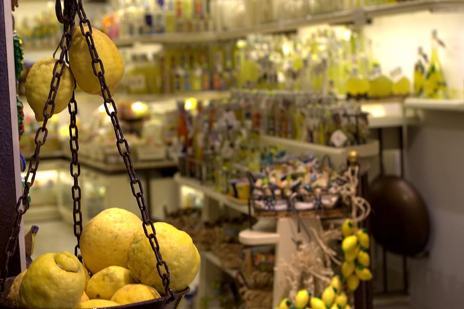 buah kuning, Lemon, Pantai Amalfi, Limoncello, Toko, buah, berair, makanan, matang, sehat