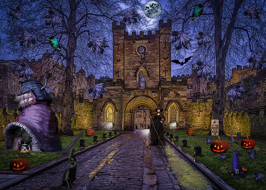 witch, standing, castle facade illustration, Witches, Composite, Fantasy, tree, night, architecture, built structure