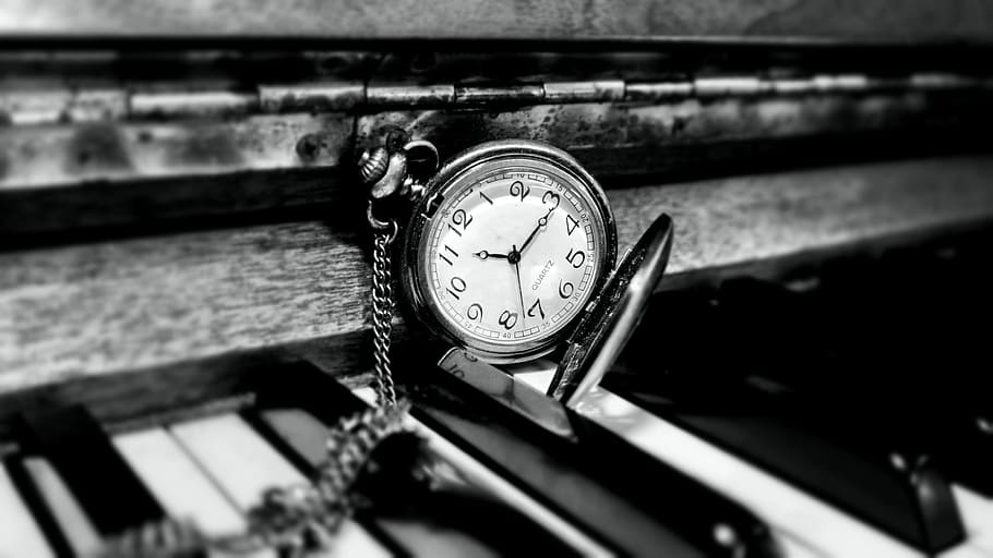 bulat, putih, saku berwarna perak, arloji, atas, piano, jam, arloji saku, waktu, antik