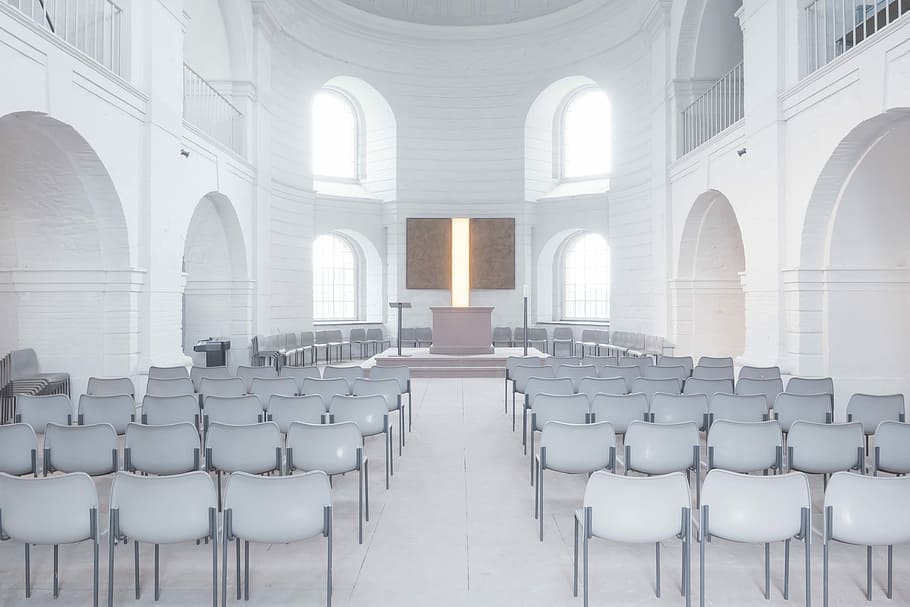 photography, white, chairs, concrete, chapel, church, space, wedding hall, marry, atmospheric