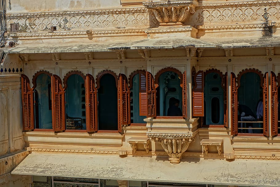 udaipur, city palace, india, window, architecture, travel, pillar, built structure, building exterior, building