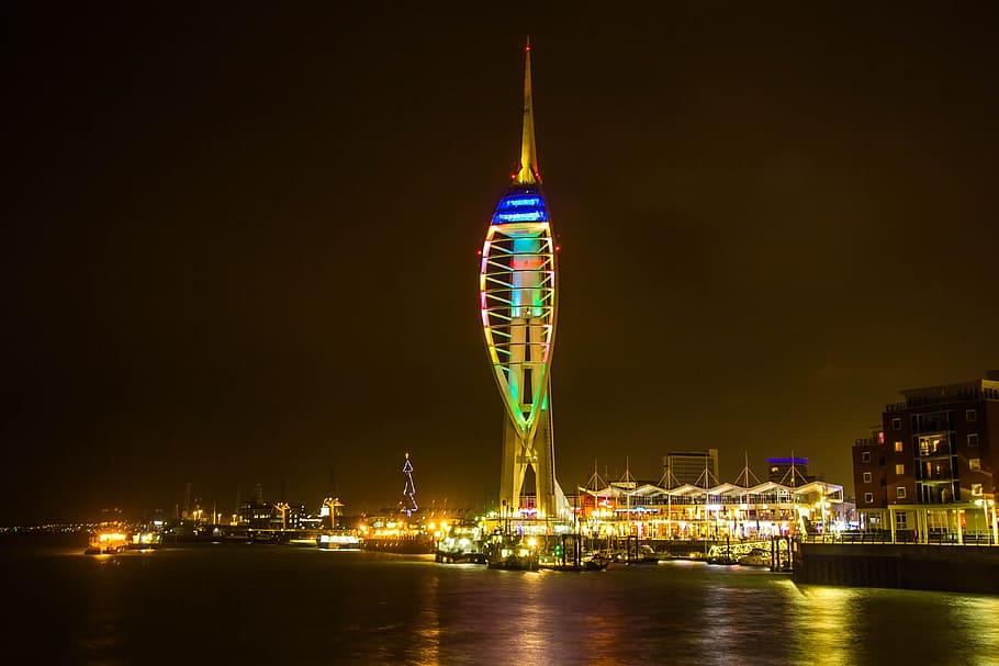 portsmouth, night, our neighbours, light, building, illuminated, architecture, building exterior, city, water