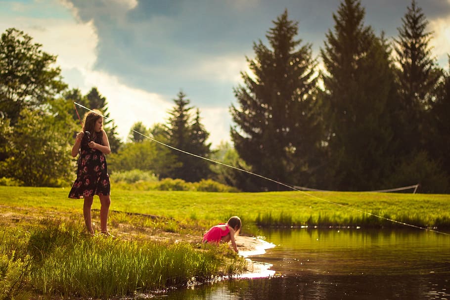 girl, sitting, lake, girls, fishing, creek, recreation, fishing rod, nature, outdoors