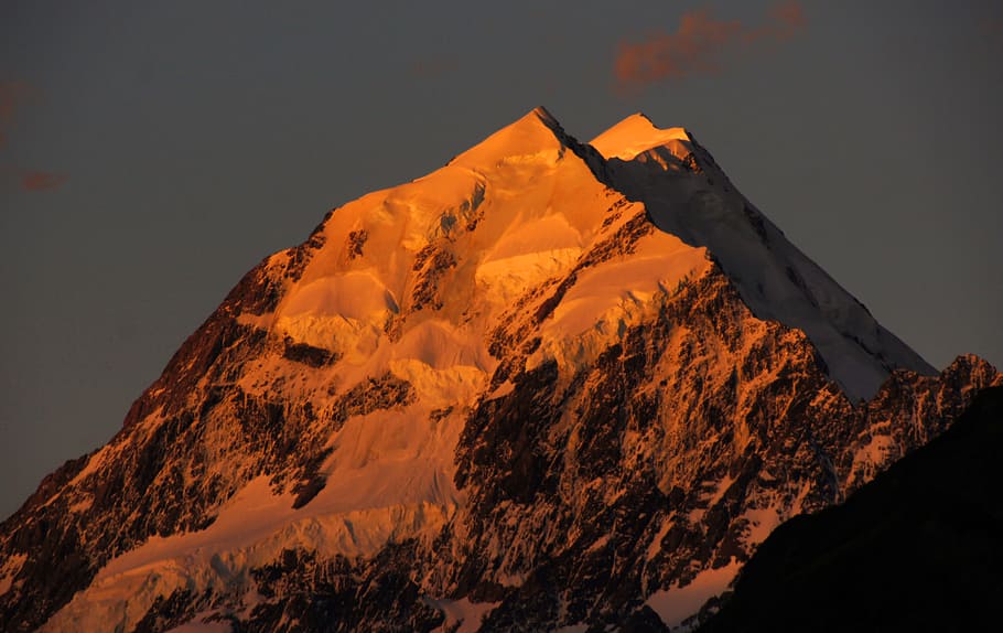 Puesta de sol, Monte, Cook, Nueva Zelanda, vista, nevado, montaña, cumbre, belleza en la naturaleza, paisajes: naturaleza