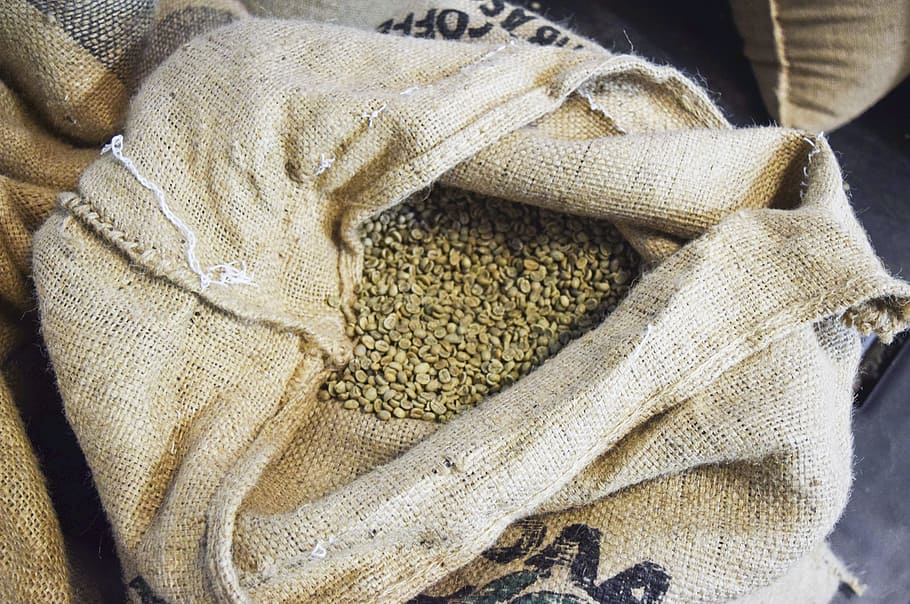 open, sack, filled, grains, coffee, beans, espresso, raw, uncooked, burlap