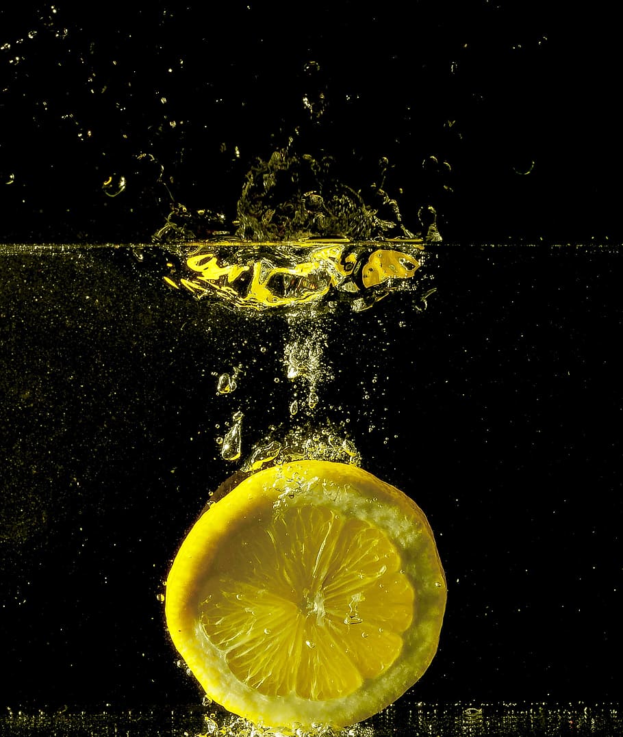 irisan, lemon, air, di bawah air, percikan, menitik, merah, buah-buahan, basah, semprot