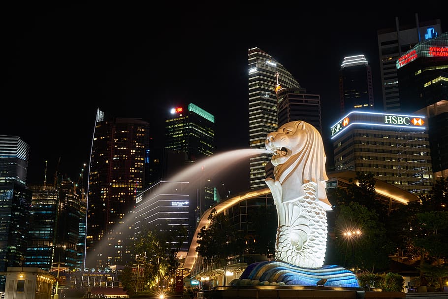 マーライオンパーク, シンガポール, アジア, 旅行, 都市, 建築, 美しい, 建物, 超高層ビル, 長時間露光