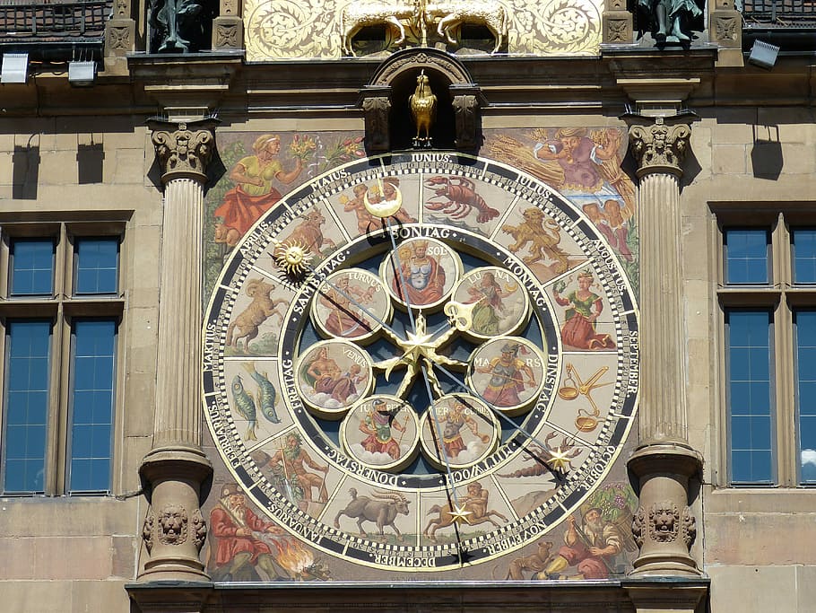 relógio do signo do zodíaco, Heilbronn, Cidade, Historicamente, Cidade velha, prefeitura, relógio, tempo, astronômico, relógio astronômico