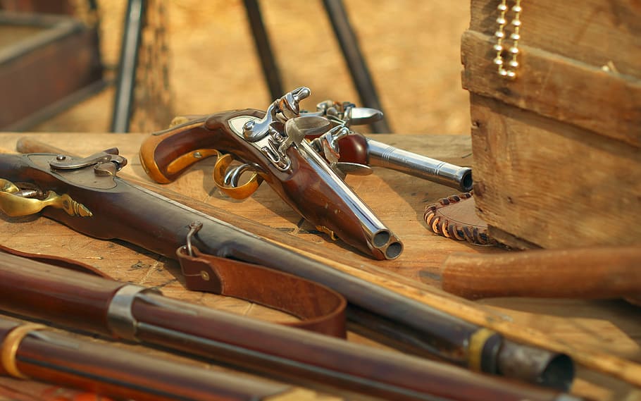 vintage, brown, flint guns, weapons, gun, trunk, pirates, wood - material, music, indoors