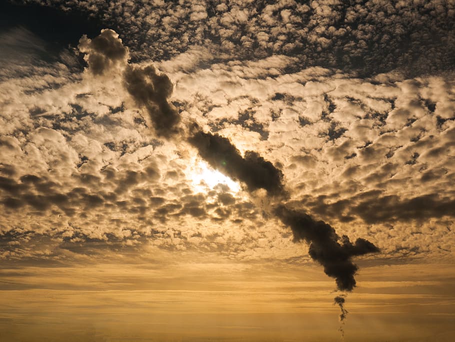 clouds, golden, hour, smoke plume, sky, back light, sun, evening, power plant, industry
