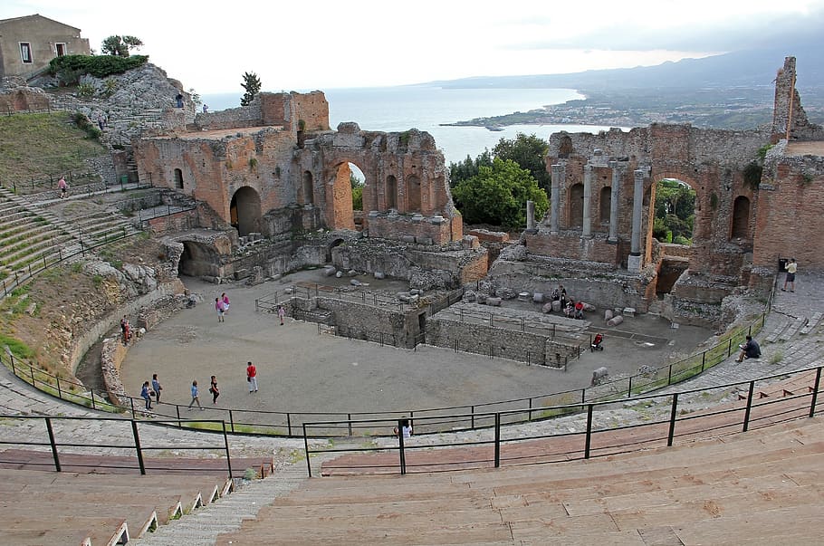 Teatro greco-romano, taormina, Sicilia, Italia, teatro, tribuna, gradualmente, estatuas, Etna, montaña