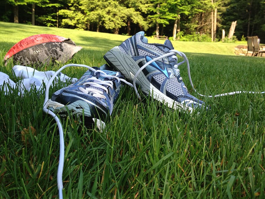 pair, blue, anta, athletic, shoes, sneakers, run, grass, sport, fitness