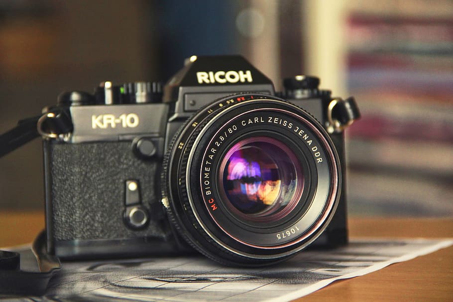 黒, ricom kr -10カメラ, kr-10, テーブル, 写真, カメラ, 画像, レンズ, 機器, スタジオ