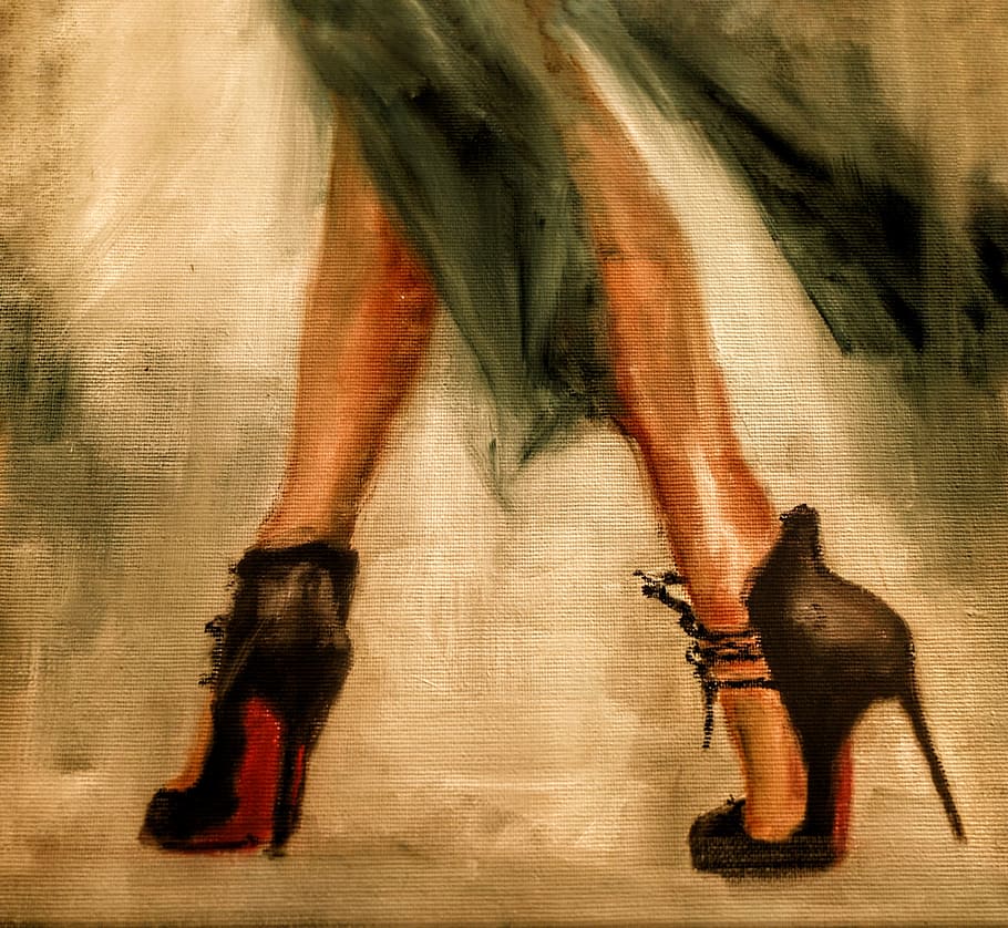 woman, wearing, pair, black, heels painting, art, painting, lady, shoes, high