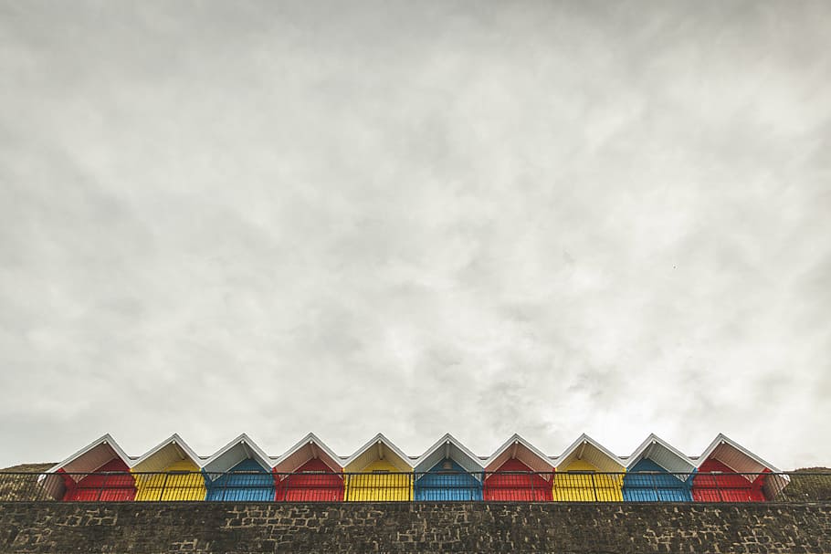 photography, assorted-color houses, house, apartment, color, pattern, roof, clouds, sky, architecture
