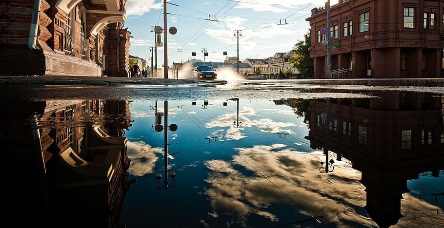 clear, sky, reflecting, water, reflection, clouds, road, architecture, buildings, city