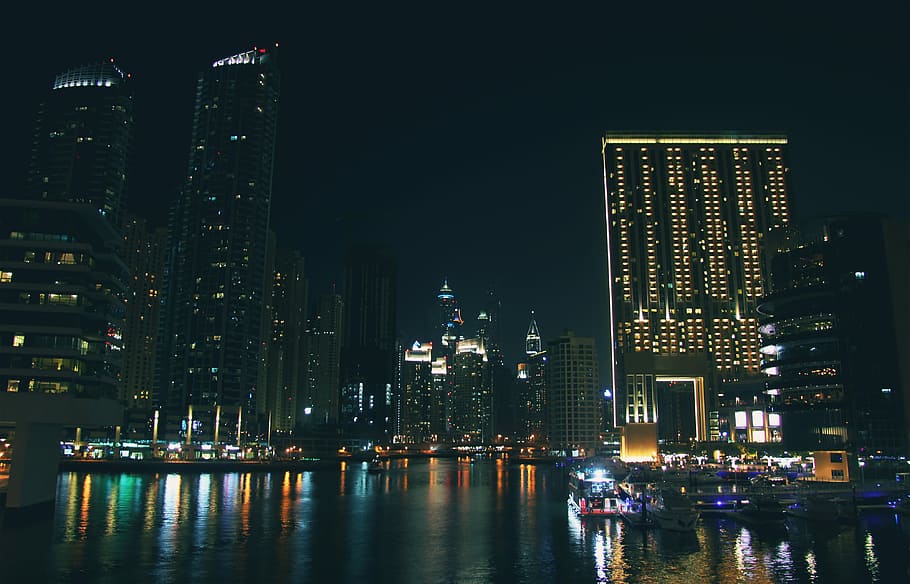 luzes da marina, dubai, cidade grande, cidade, marina, noite, arranha-céu, arranha-céus, Emirados Árabes Unidos, urbano Skyline