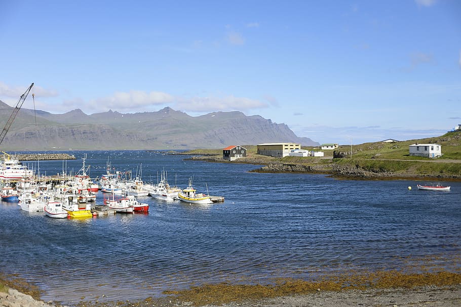 a fishing village, ocean, iceland, water, nautical vessel, transportation, mountain, built structure, architecture, sky