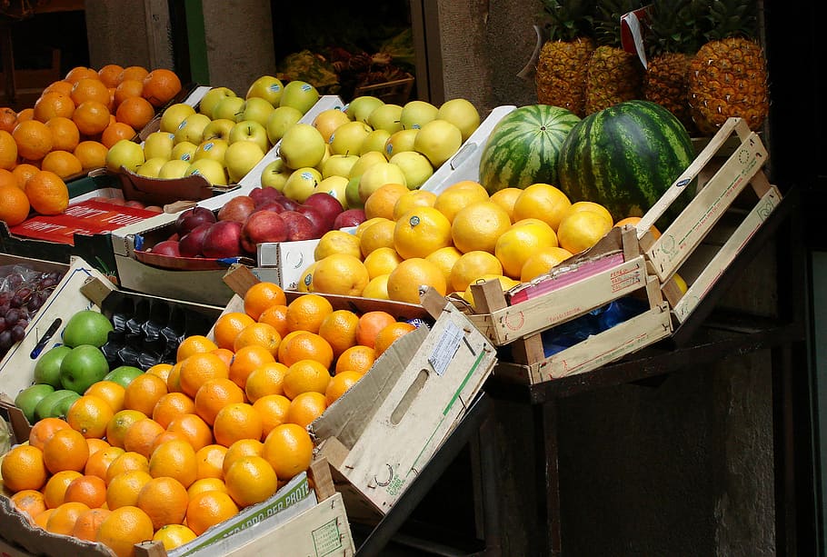 fruta, puesto de frutas, tienda de comestibles, frutas, mercado, puesto, naranjas, manzanas, sandía, piña