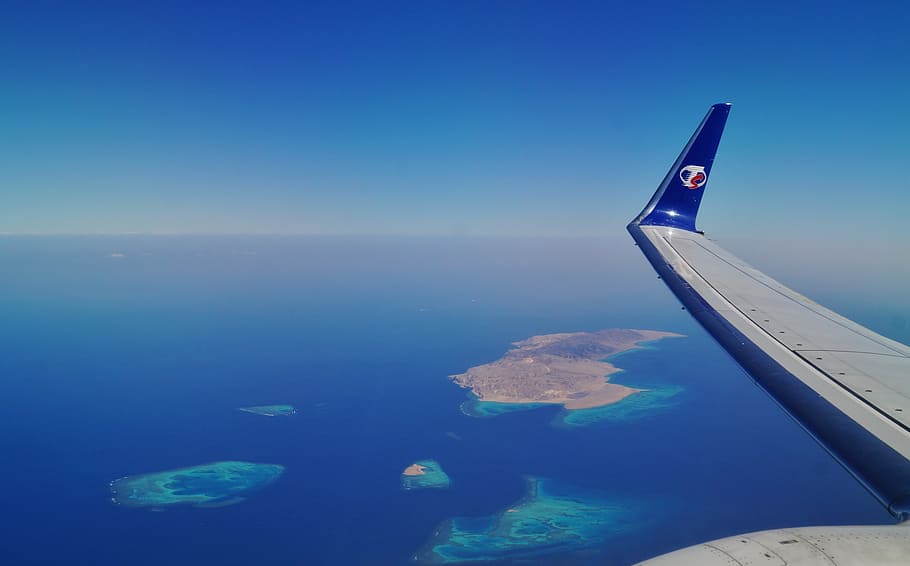 view from airplane, heaven, island, sea, view, the islets, the red sea, wing, water, blue | Pxfuel