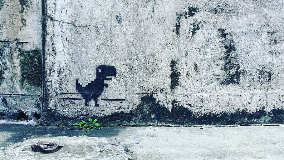 street art, google dinosaur game, philippines, wall - building feature, built structure, architecture, day, building exterior, real people, wall