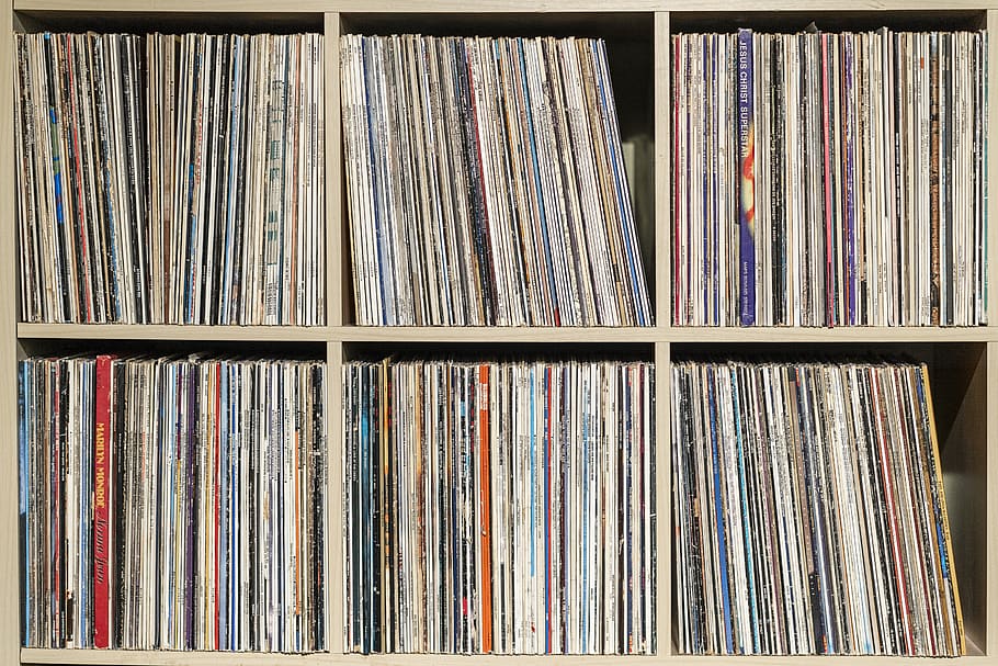 discos, estante, vinilo, música, disco, audio, retro, vintage, tocadiscos, dj