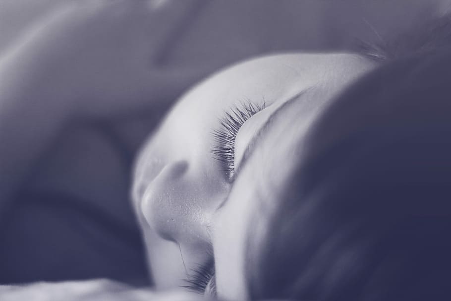 grayscale photo, woman, sleeping, people, portrait, girl, blur, sleep, facial expression, side view