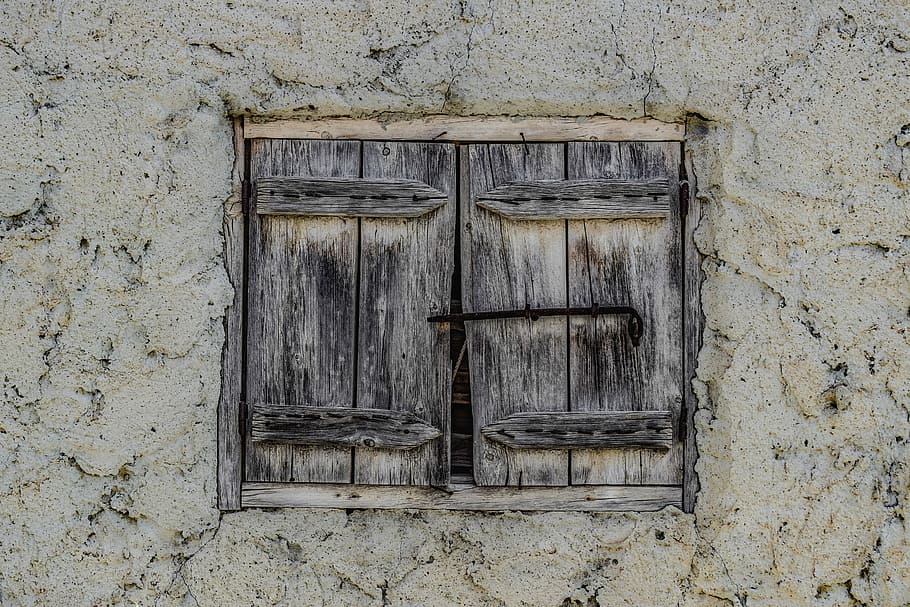 ventanas de madera marrón, ventana, viejo, resistido, oxidado, decaimiento, desgaste, de madera, envejecido, pared