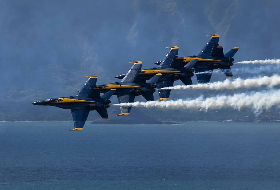 four blue aircrafts, blue angels, aircraft, flight, demonstration squadron, navy, usa, performance, aerobatics, jets