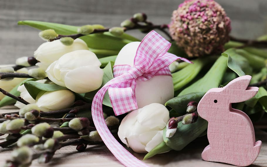 white, petaled flowers, pink, rabbit figurine, easter egg, easter, willow catkin, egg, decoration, easter greeting