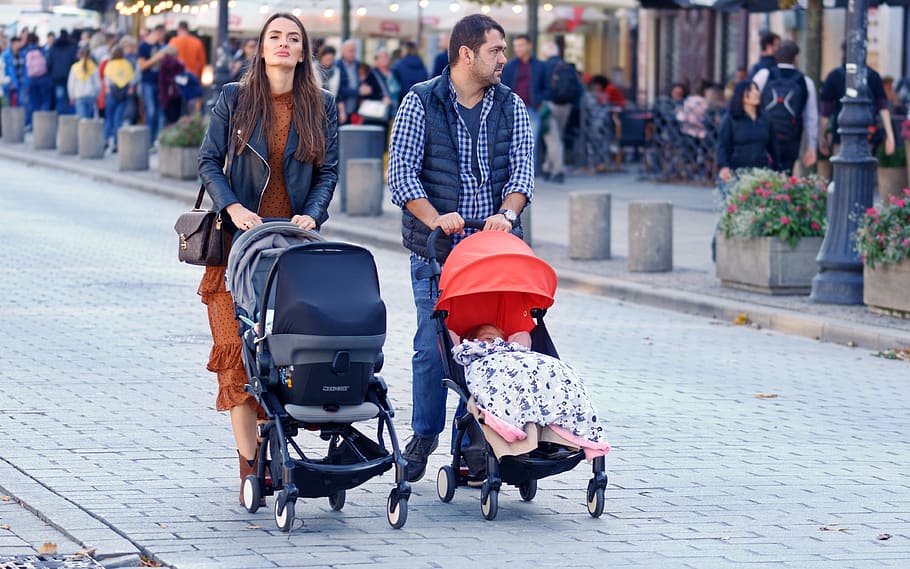 people, young people, family, parent, dad, together, baby, strollers, street, walk
