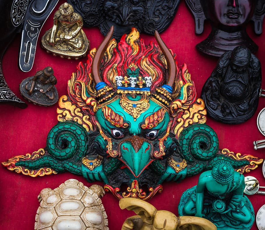 basantapur, nepal, asia, punto de referencia, máscara, deidad, religión, adoración, en venta, garuda