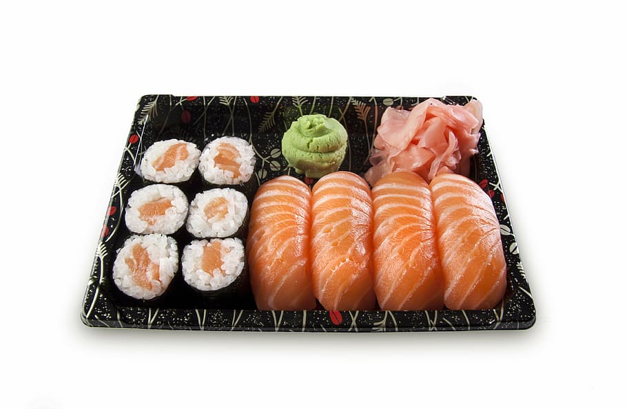 sushi, black, tray, set, nigiri, maki, fish, raw, salmon, rice