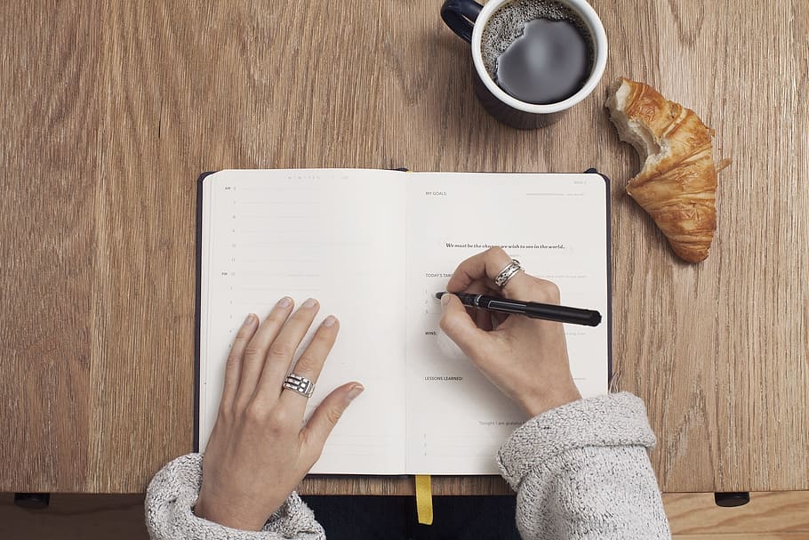 woman, sweater, writing, planner wallpaper, coffee, write, table, notebook, cup, hands