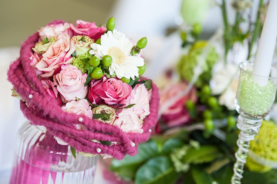 wedding bride, Flowers, various, wedding, bouquet, celebration, rose - Flower, decoration, romance, pink Color