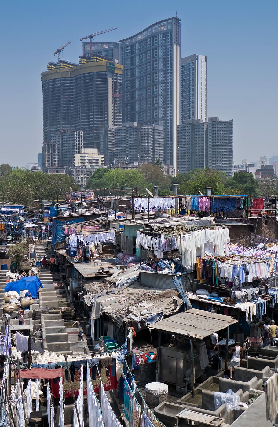 clothes, clothesline, top, houses, building, background, Laundry, Slum, India, Mumbai